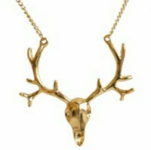 Gold Deer Skull Head Antlers Necklace NIB